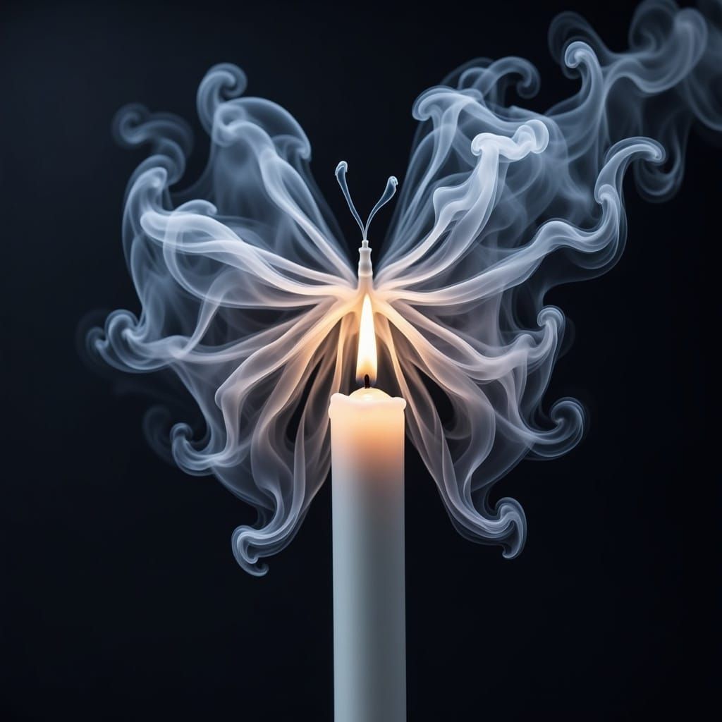 the smoke of a candle takes on the shape of a smokey sheer wispy butterfly<lora:Smokey FX:1.0> 