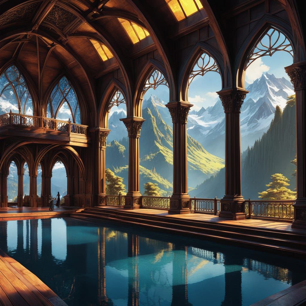 Ethereal Rivendell Pool Scene in Vibrant, Golden Light