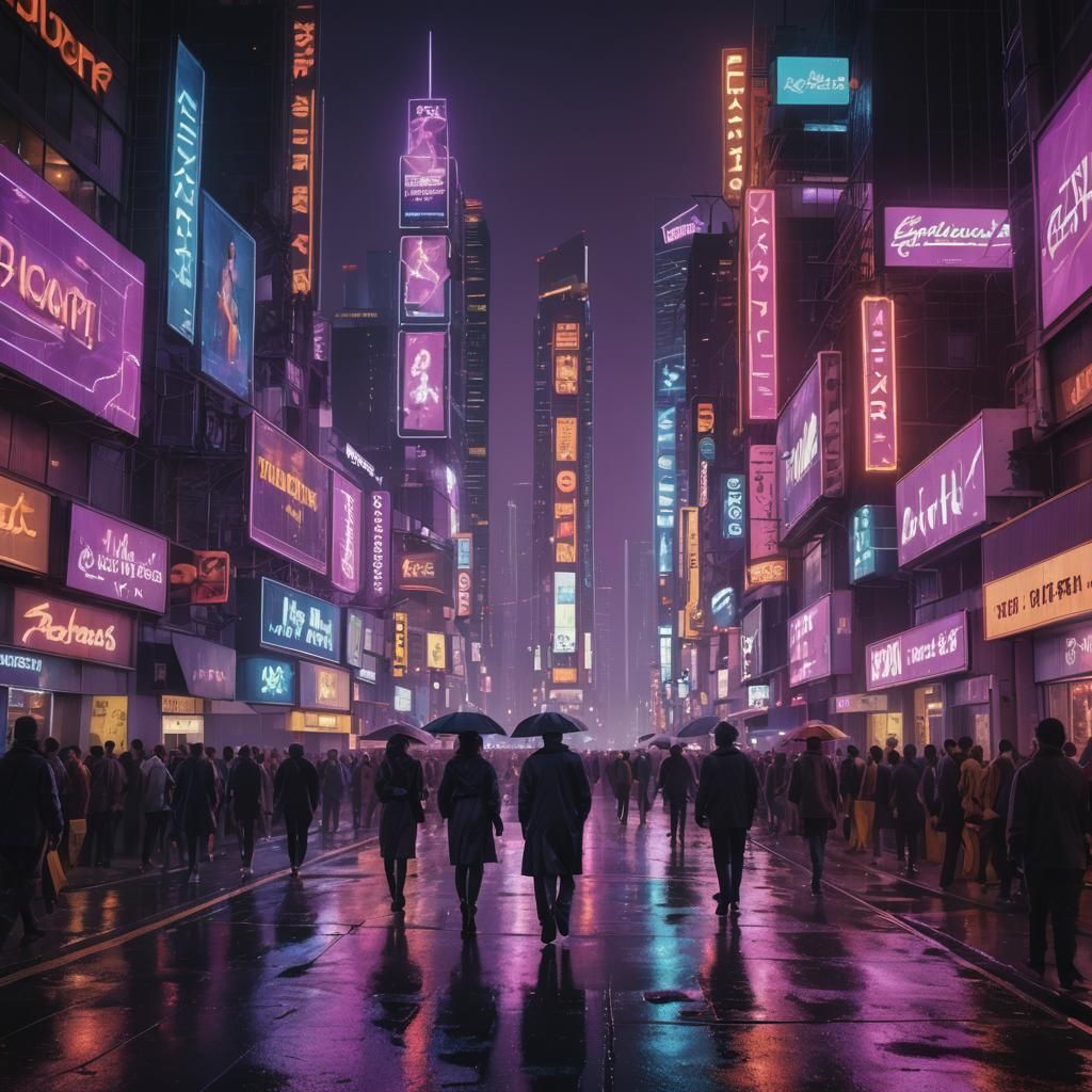 A busy city street at night lit up by neon lights and signs, Hyperdetailed hyperrealistic 