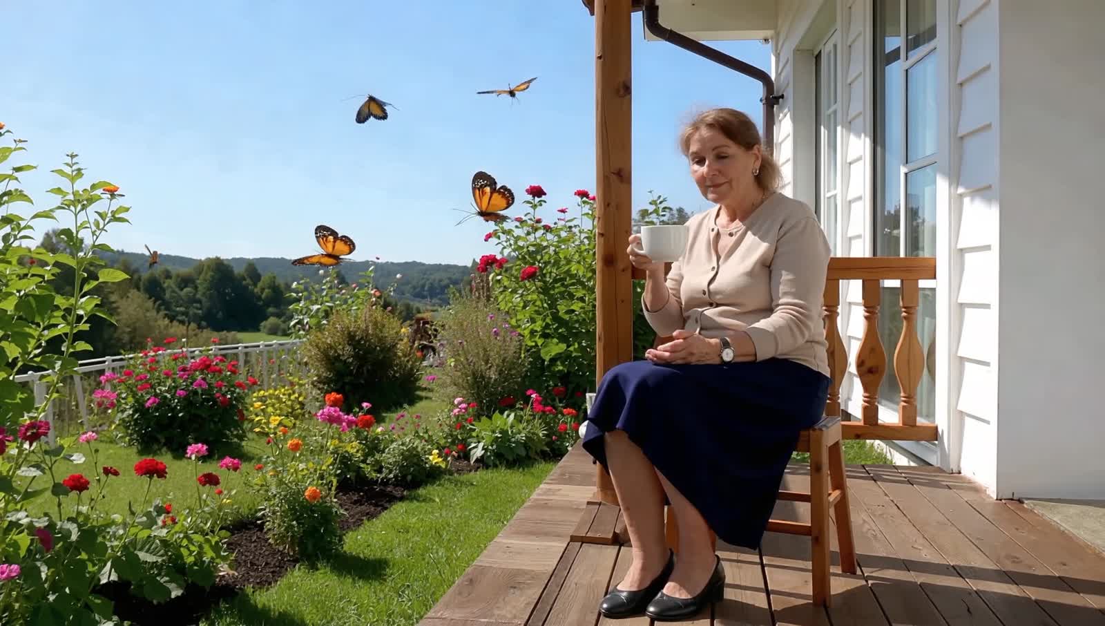 Eine Frau, 55 Jahrealt, sitzt auf einer Terrasse, trinkt eine Tasse Kaffee, sonnig, Garten, Blumen, Schmetterlinge, leic...