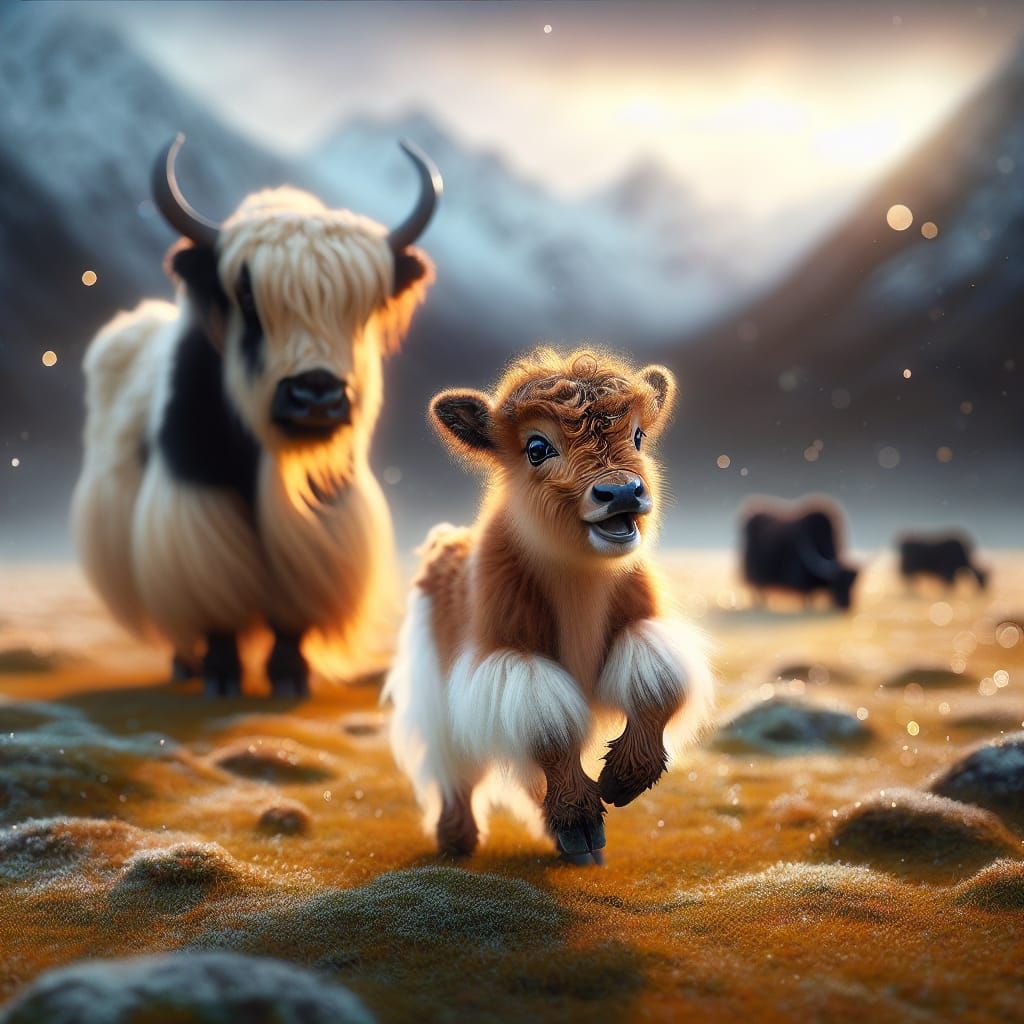 A playful baby Yak and his ever watchful mother