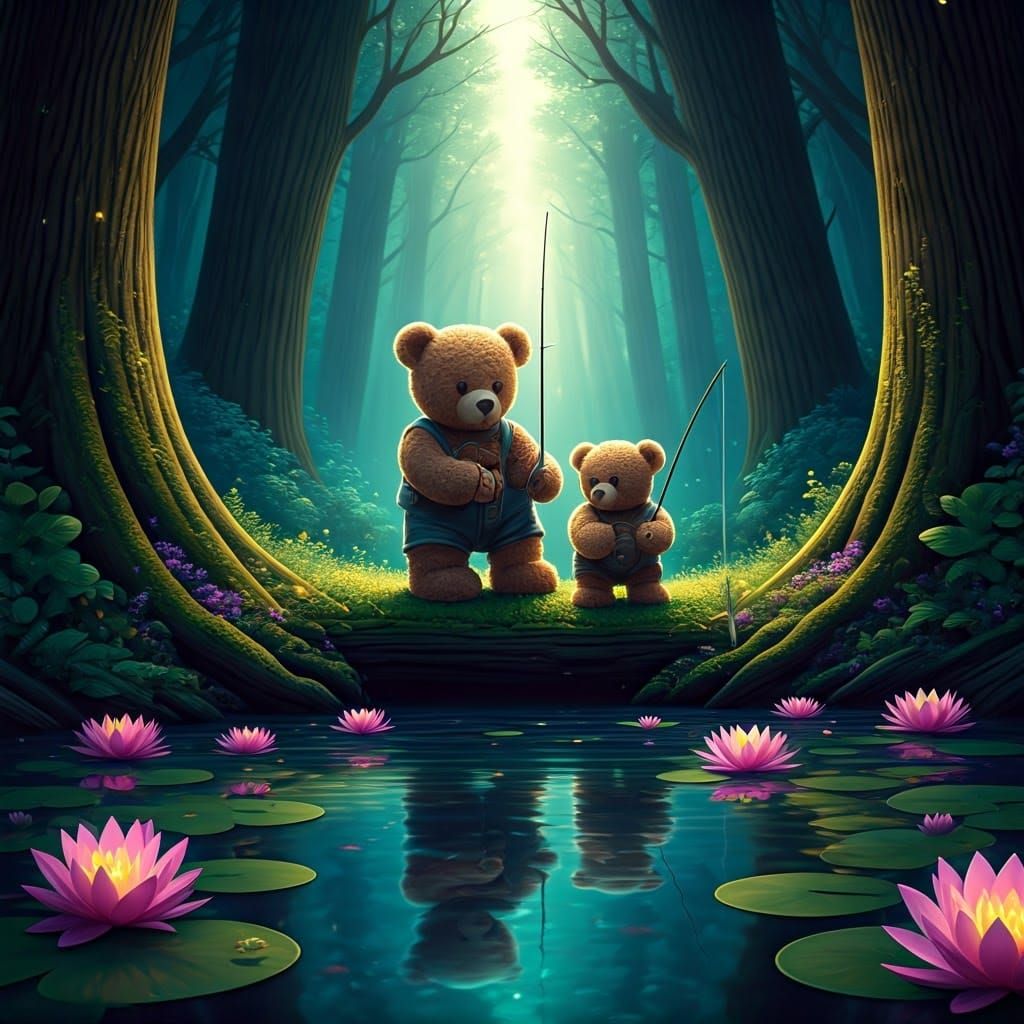Teddybear father and son fishing, hyperdetailed, fantasy  by @Carlotta Cavalli