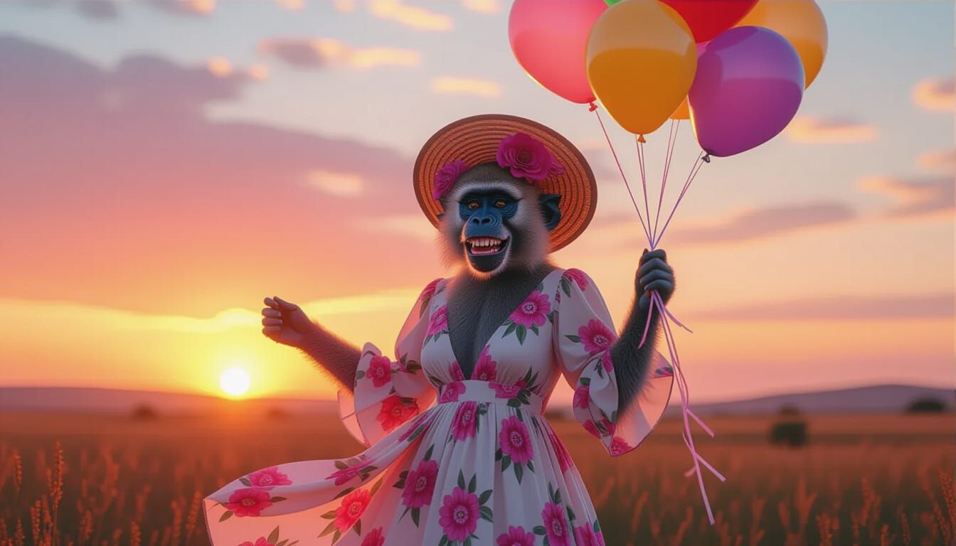 Baboon model  dressed in a flowing, soft floral dress