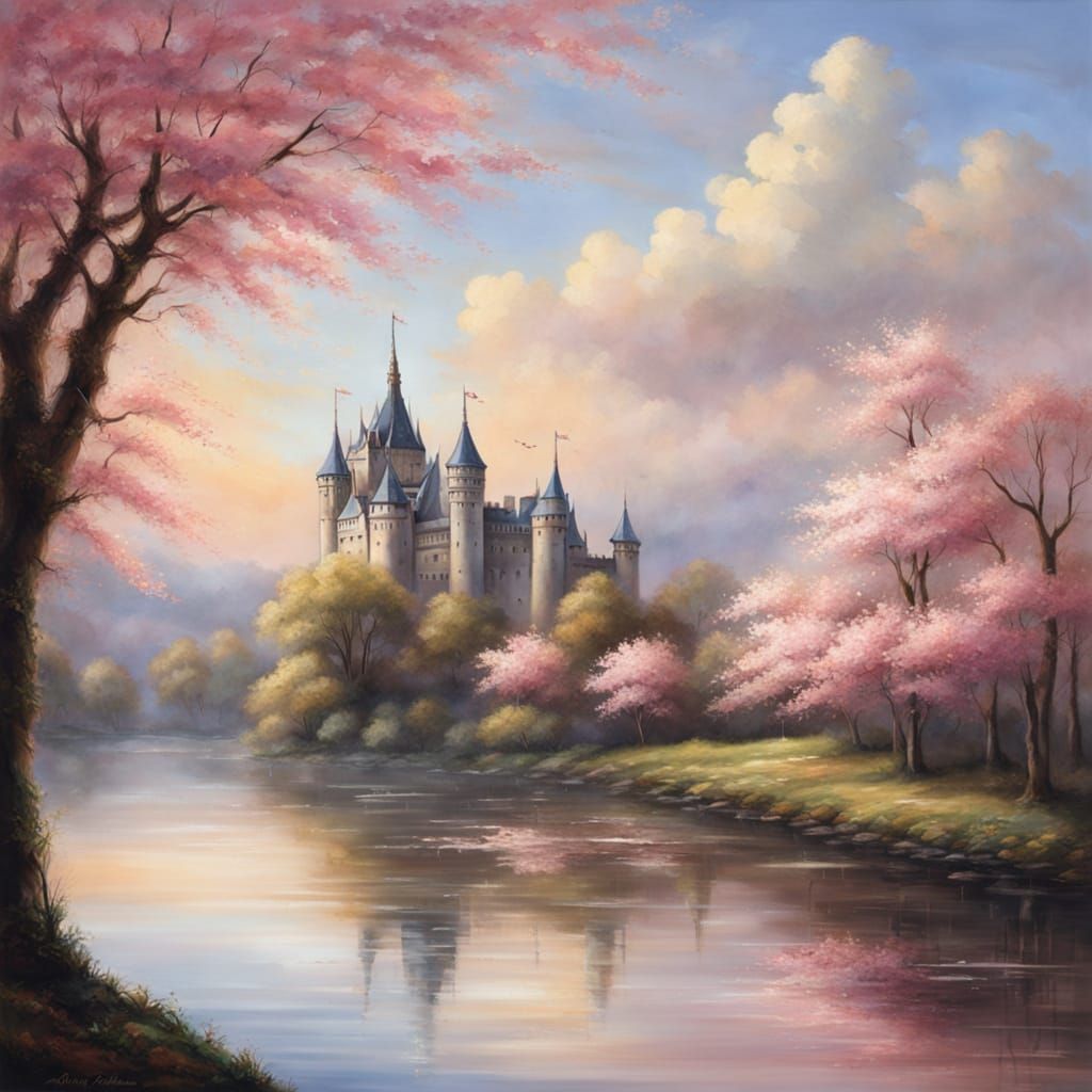 Sailing Ship Beside Gothic Castle with Cherry Blossoms