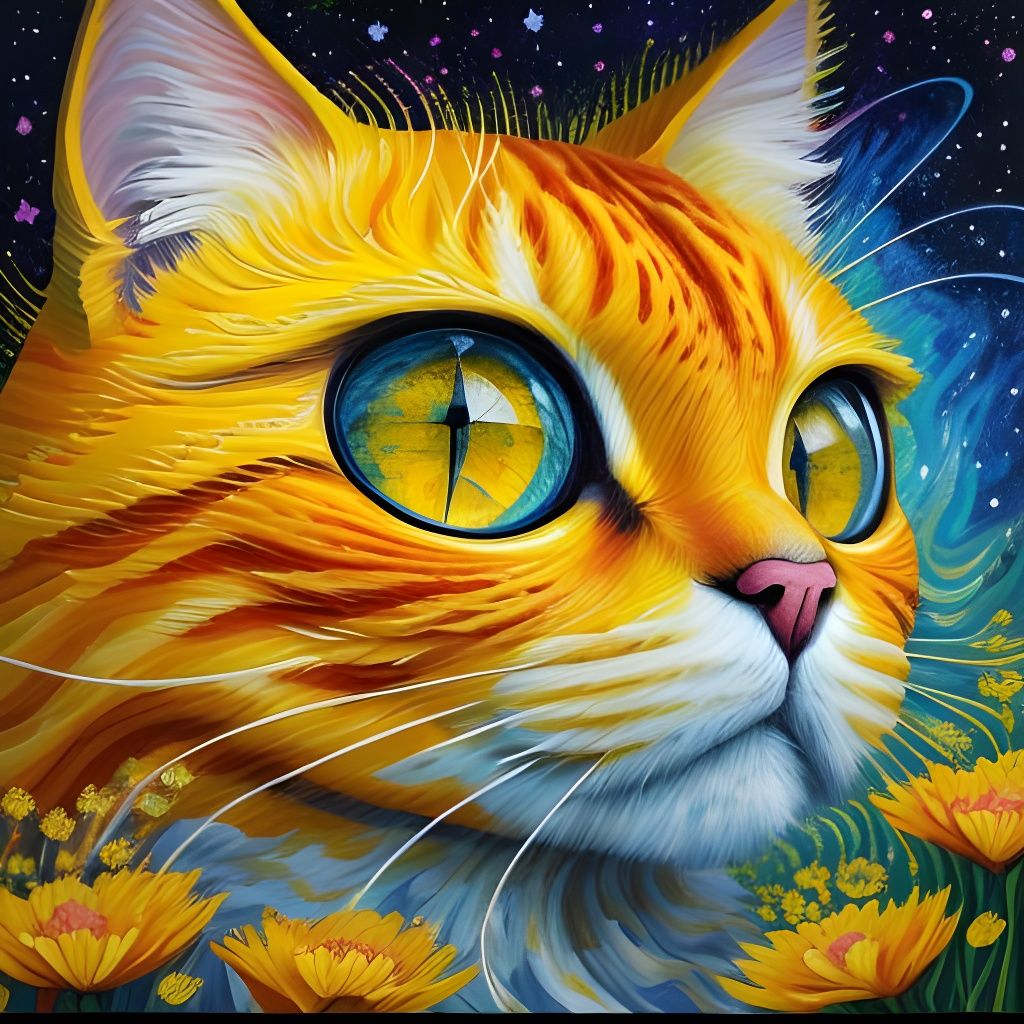 The yellow-orange cat doll has bright eyes like gems, surrounded by various bright yellow flowers, and ...  by @HIKER