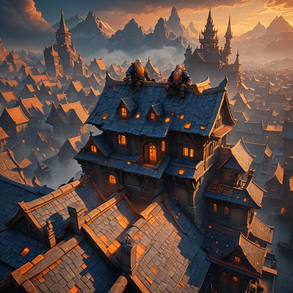 Dwarves Sliding on Rooftops: Fantasy Concept Art