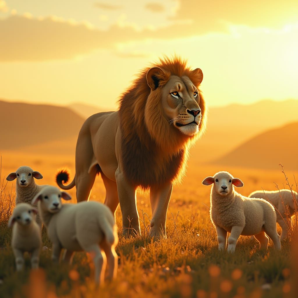 Lioness and Sheep in Golden Savannah Light