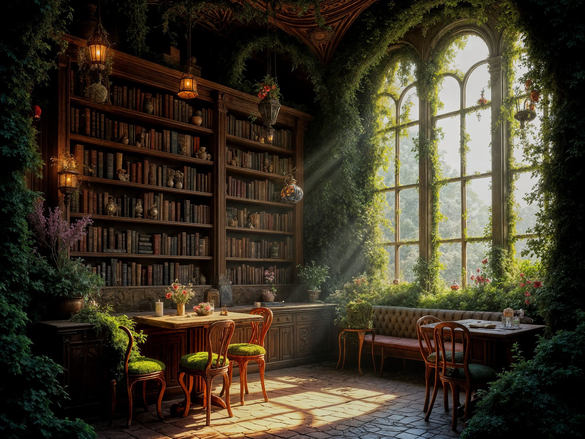 Enchanted cosy cafe with magical book case, sun shining through windows, there are moss and vines coming from the ceiling/ growing down from...