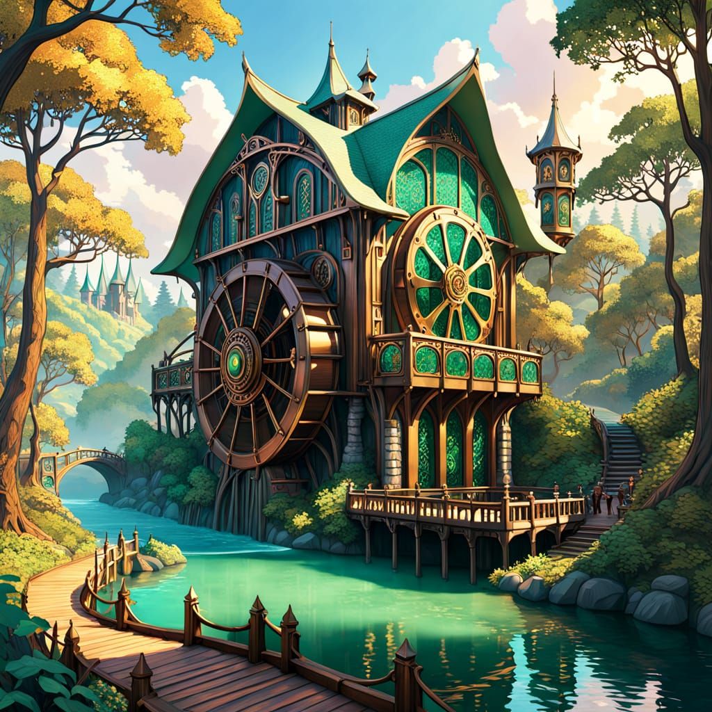 Steampunk Waterwheel Amidst Whimsical Elven Village