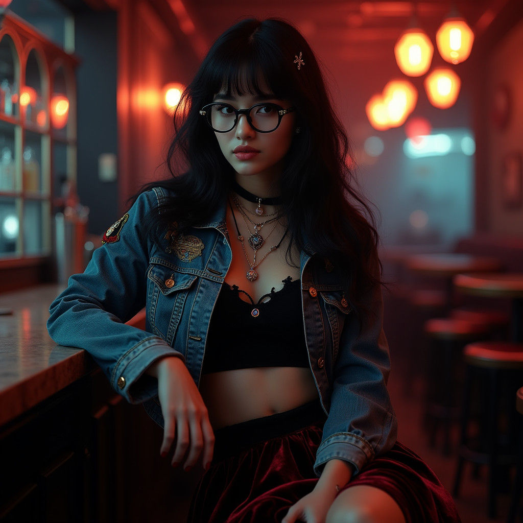 full body of an early-twenties, beautiful, Goth woman, (long black hair: 1.5), (glasses: 1.5), (denim jacket:1.5), (black cropped shirt: 1.5...