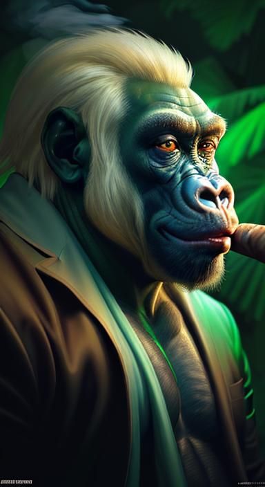 Albino gorilla smoking a big cigar and dinking Brandy, lots ...