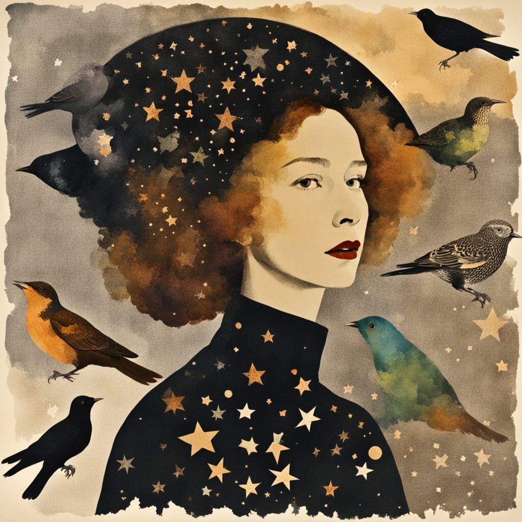 Female Creator, Scattered stars, Romance, Illustration, painterly, Leonor Fini, Hannah Höch, starlings, collage