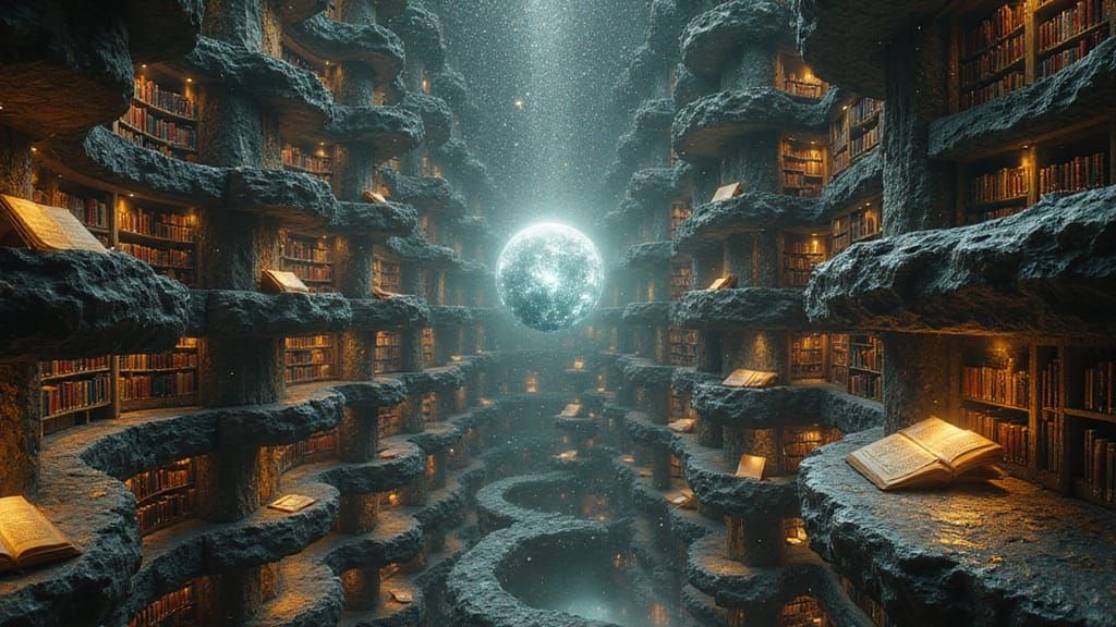 Celestial Library A photorealistic, hyperrealistic depiction of an immense library suspended in the cosmos, where knowledge from countless w...
