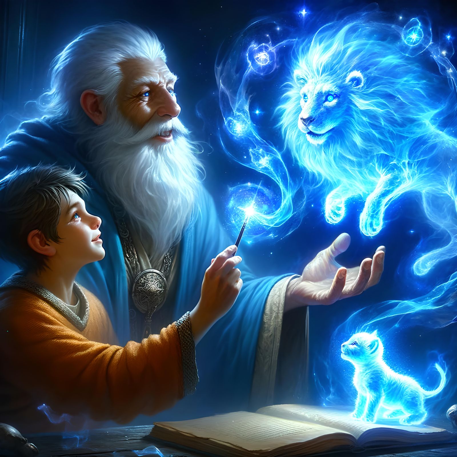 The master wizard gazes with pride at his young apprentice’s fantastic lion ‘patronus’  by @Lovealotyl 