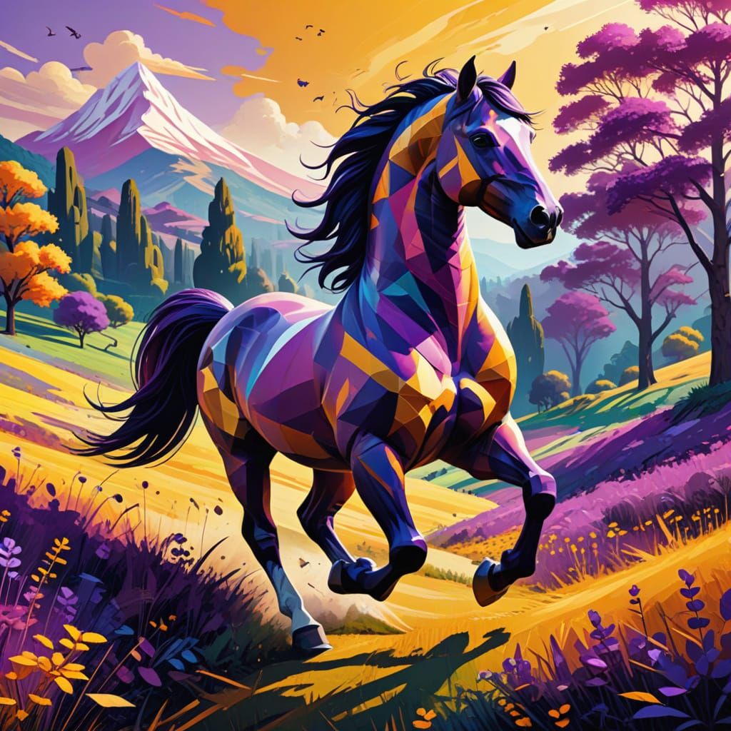 An abstract horse running on a field. The background is a beautiful landscape. abstract complementary ...  by @Cille 