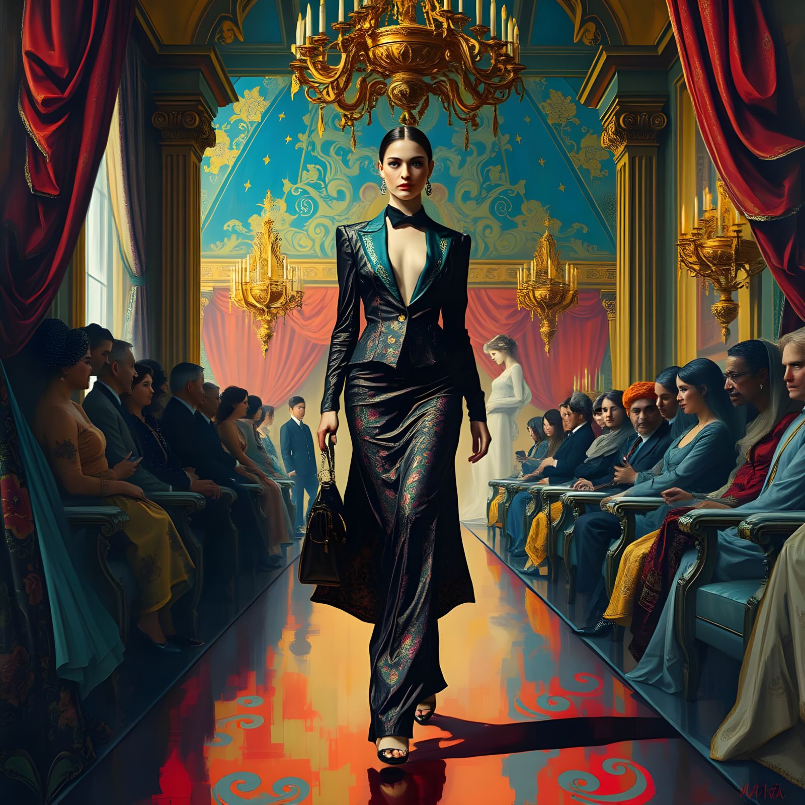 Haute Couture Fashion Show in Textured Oil Painting Style