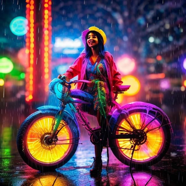  <lora:Joyful:1.0> Making a joyful noise, priase, rain, neon