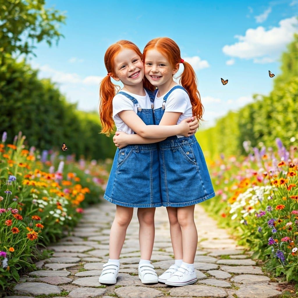 Red-Haired Twins Laughing on a Sunny Path