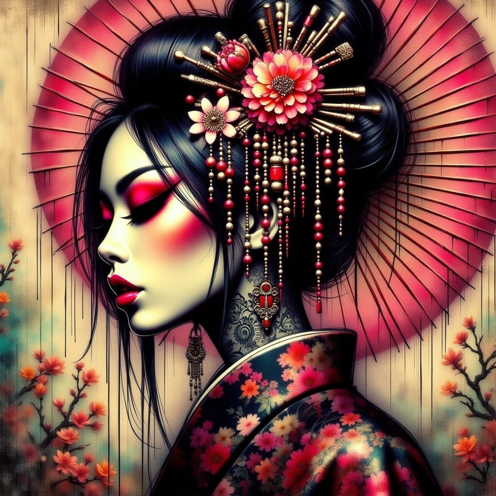  <lora:Extreme Geisha:1.0> Geisha punk digital glitch background 