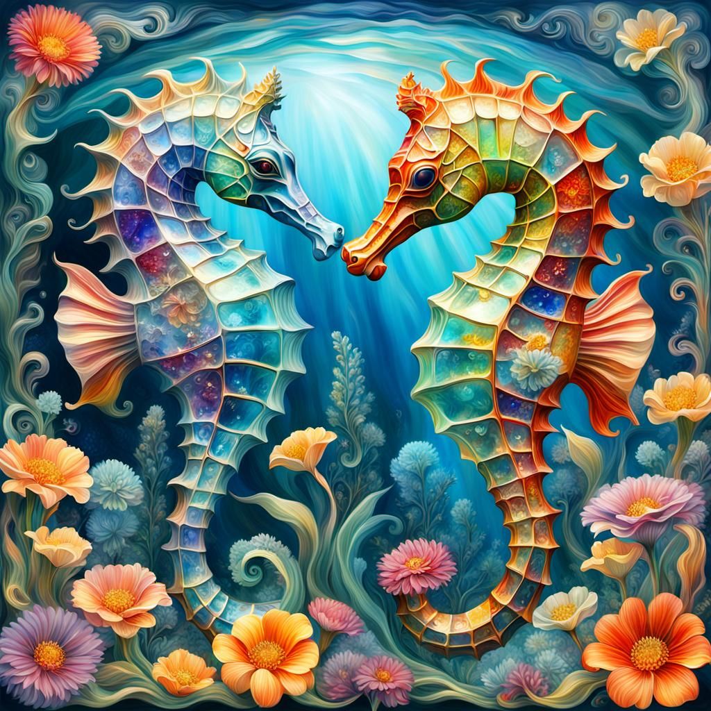 Enameled glass sea horses with flowers  by @axelb