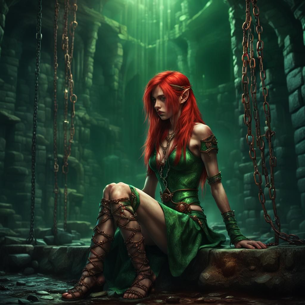 skimpy dressed submissive depressed elven princess with red ...
