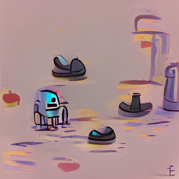 A sad robot wearing clogs