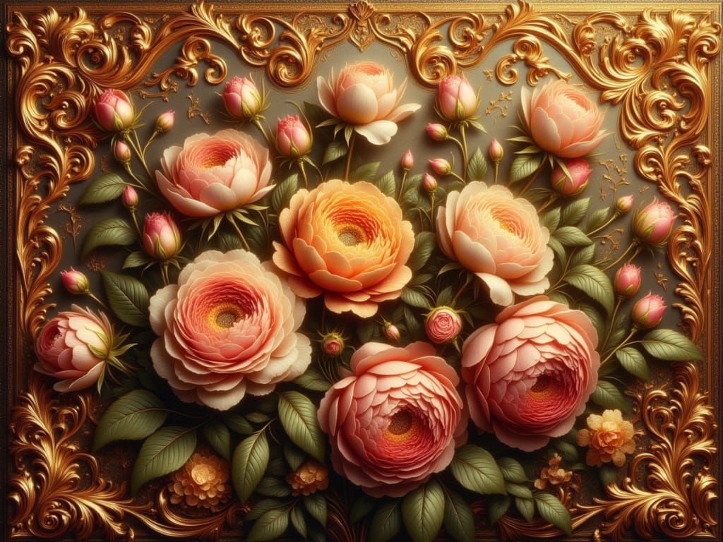 <lora:FiosGoldOpulence:1.0> Botanical roses and peonies