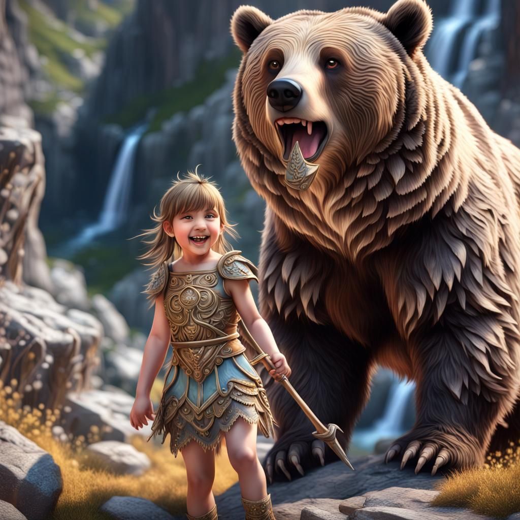 A smiling little princess warrior with A Grizzly Bear in a rocky ...