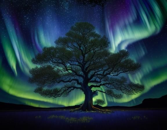 a huge old tree, northern lights, shooting stars, nightime, ...