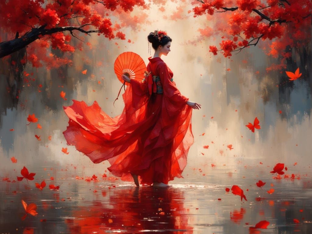 Ethereal Geisha Dances on Lake in Romantic Red Glow