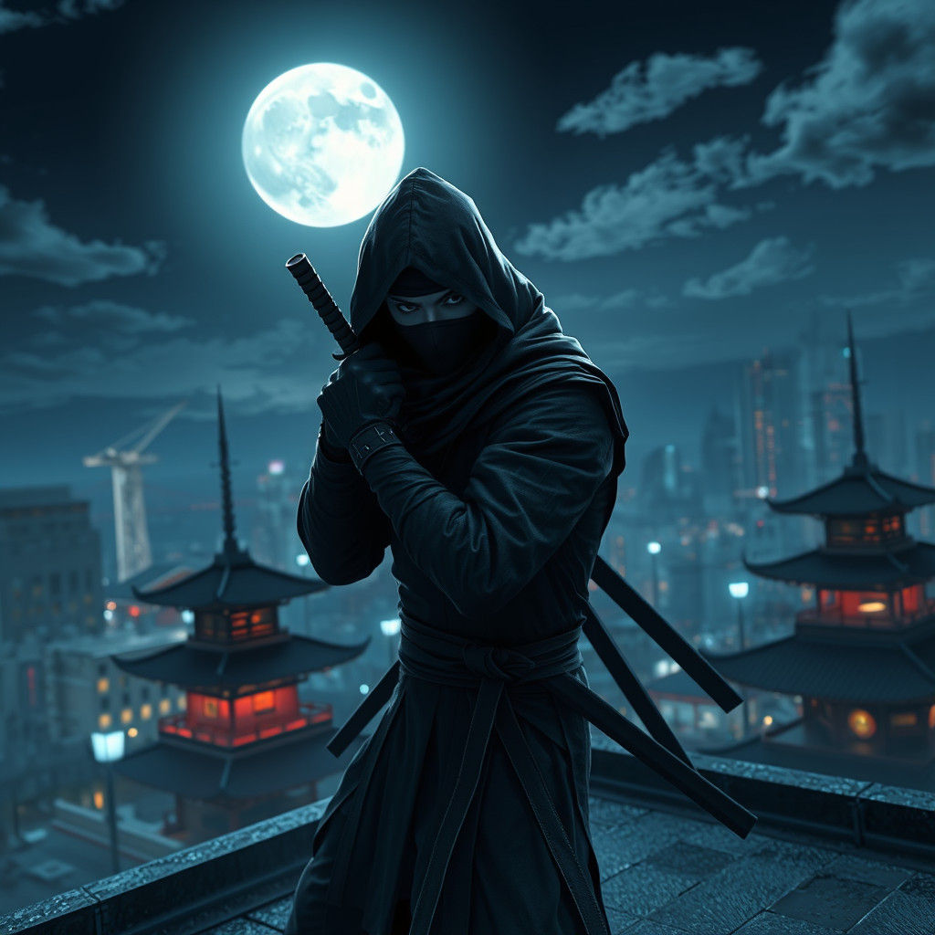 Ninja In the dead of night performing an assassination