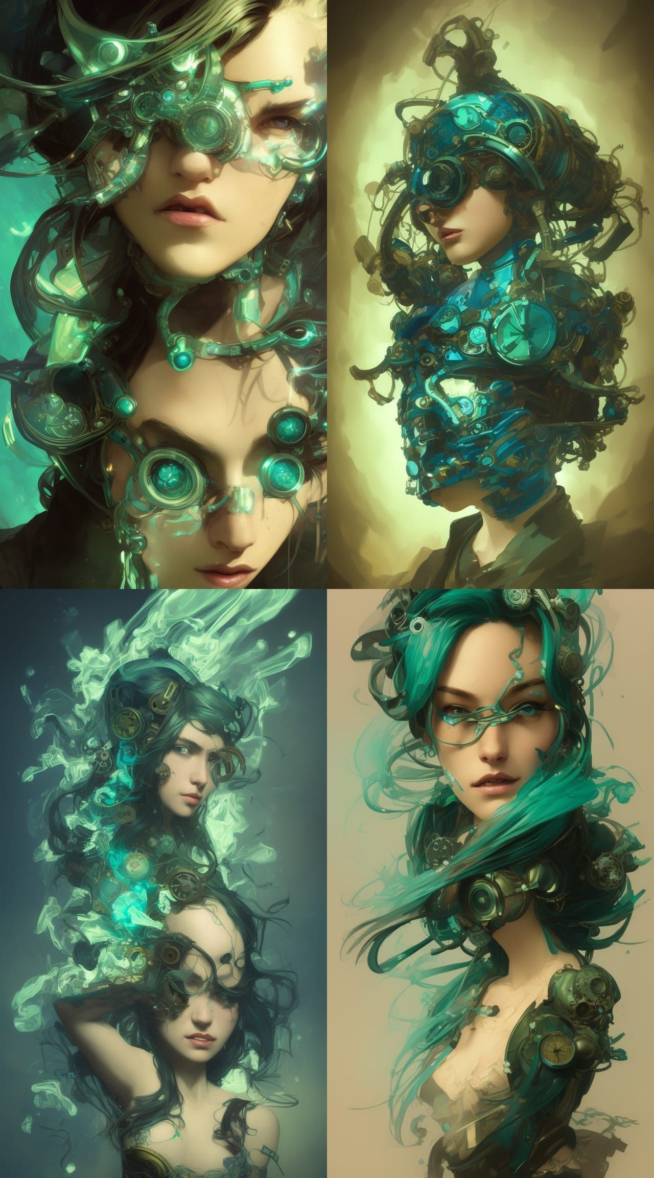 Green blue steampunk head and shoulders portrait, 8k resolut...