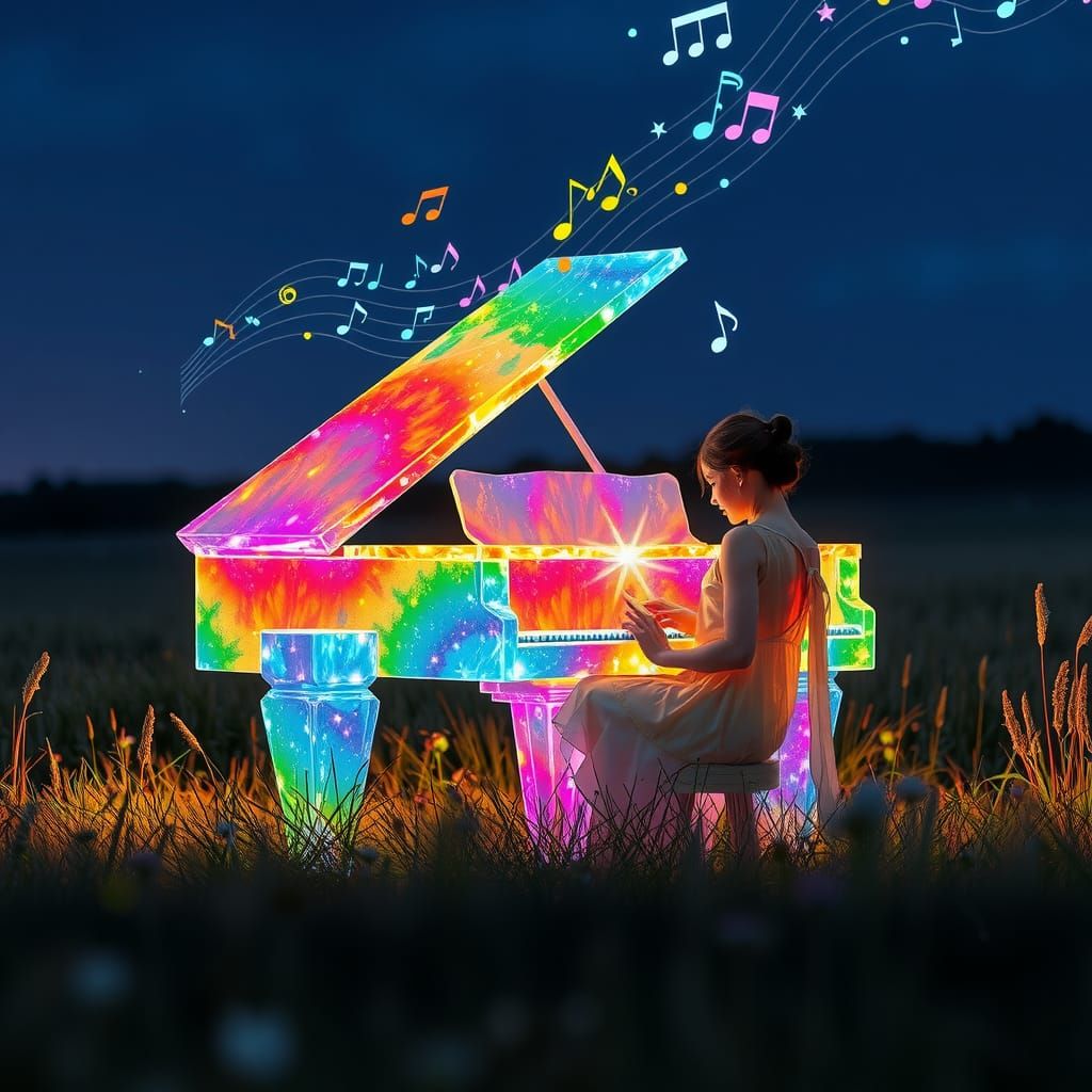 a rainbow piano made of crystals glowing sitting in a field at midnight. a girl sits playing music that ...  by @Wildstorm