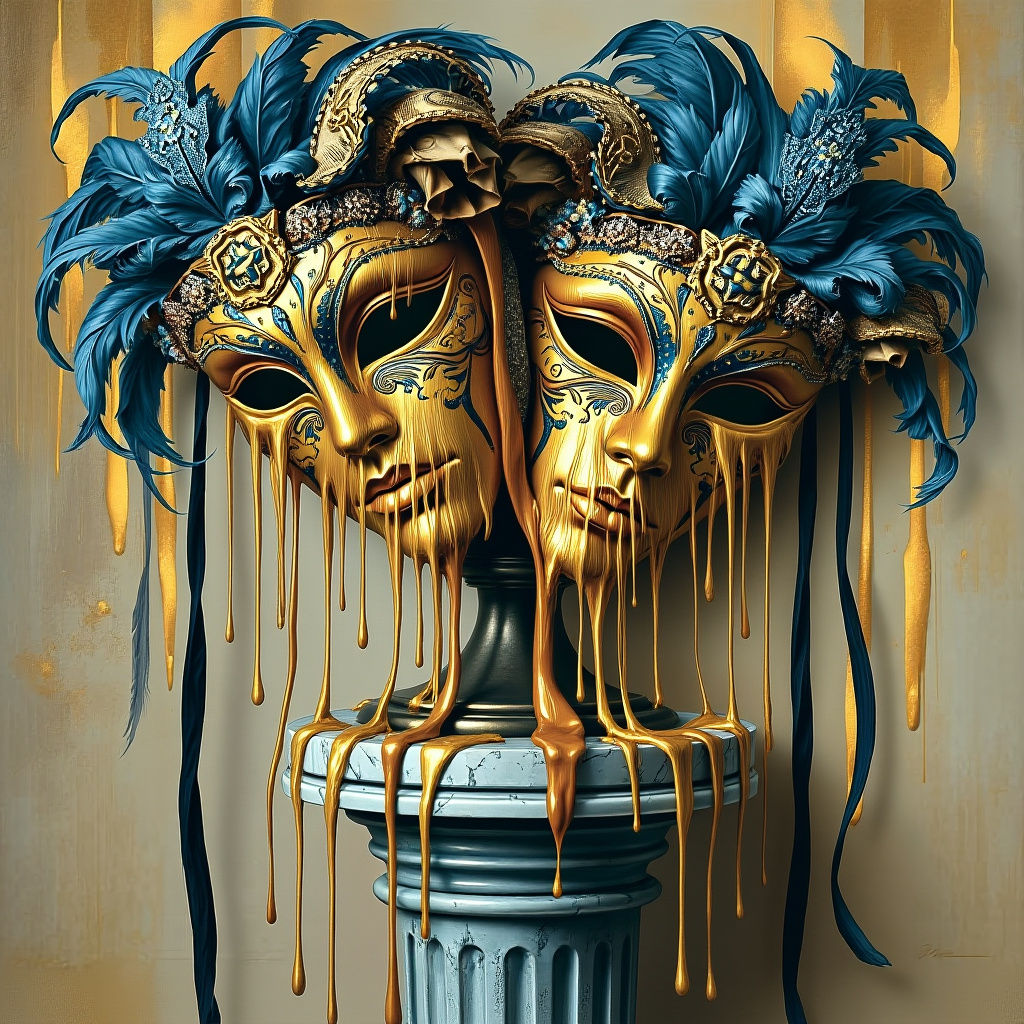 two melting Venetian carnival mask with blue and gold colors, glitters and feathers. The gold is dripping ...  by @ΕΥΤΥΧΙΟΣ ΦΡΑΓΚΙΑΣ