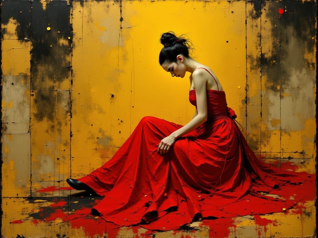 Contemplative Transwoman in Vibrant Red Gown
