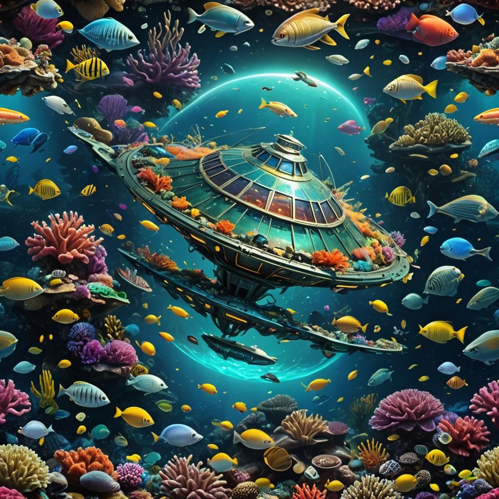 a crashed ufo flying saucer broken on the bottom of the ocea...