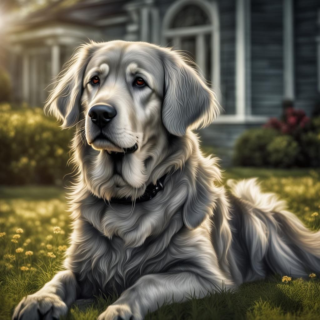 a grey golden retiever dog sitting on a lawn intricate detai...
