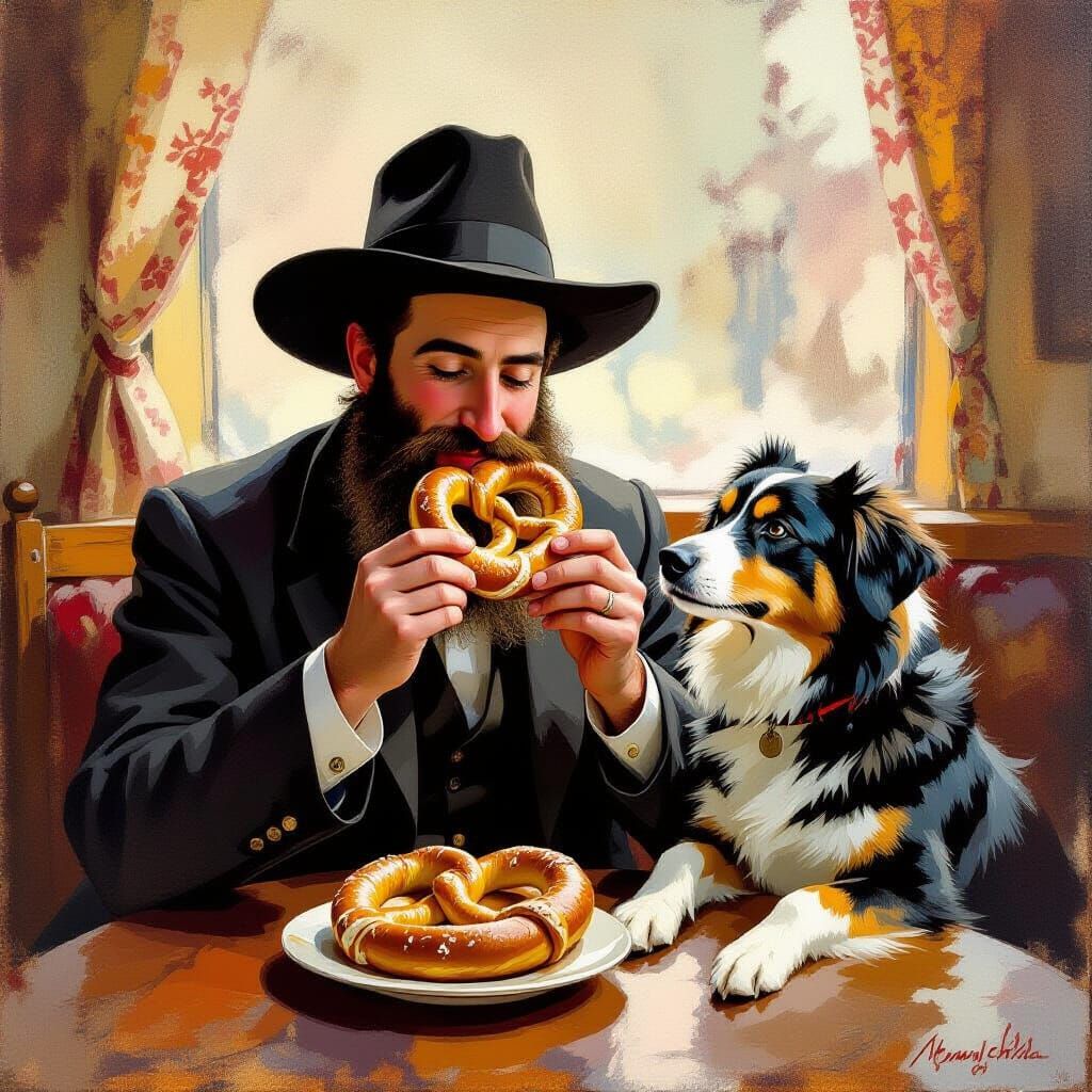 Chassidic Man Shares Pretzel with Dog, Rockwell Style
