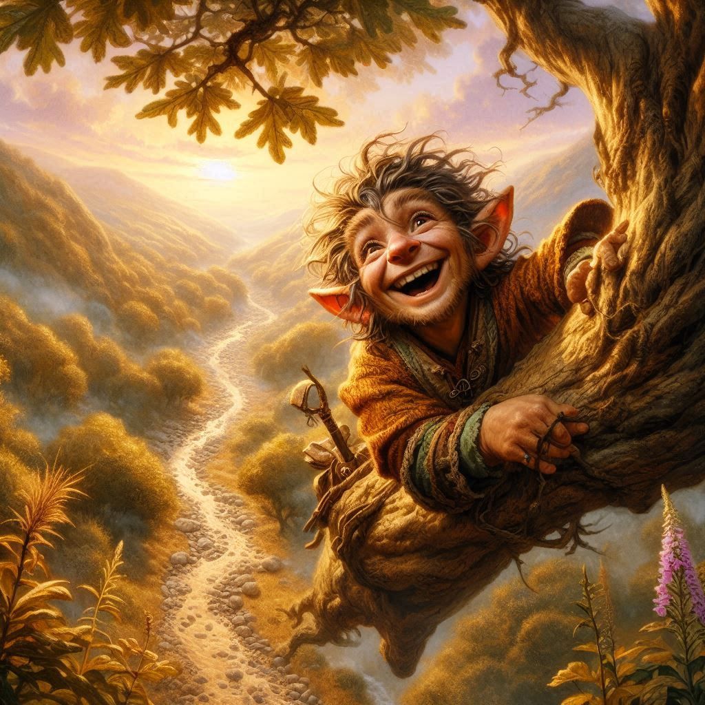 On a tree, laughing hard.