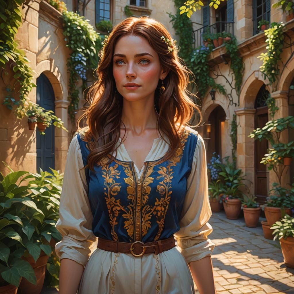 Romantic Courtyard Portrait in Fauvist Style