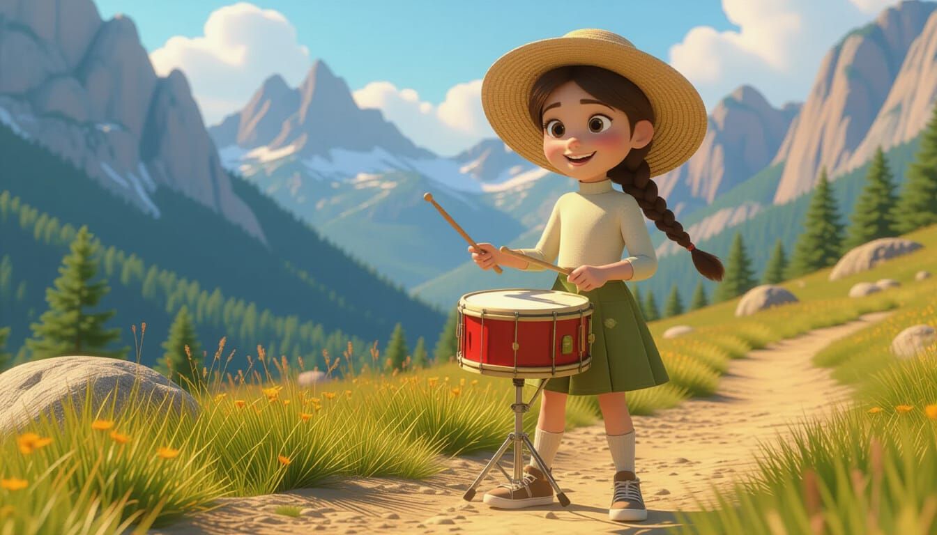 Animated Girl Plays Drum, Pixar-Style 3D Animation