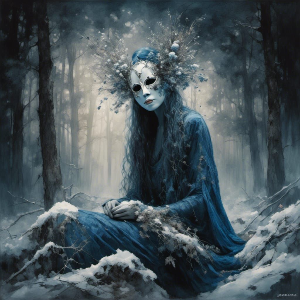 Blue  dryad in the white forest, wearing a white mask, HDR, DLSR, sharp detail, photorealism  <lora:Exp8:1.0> 