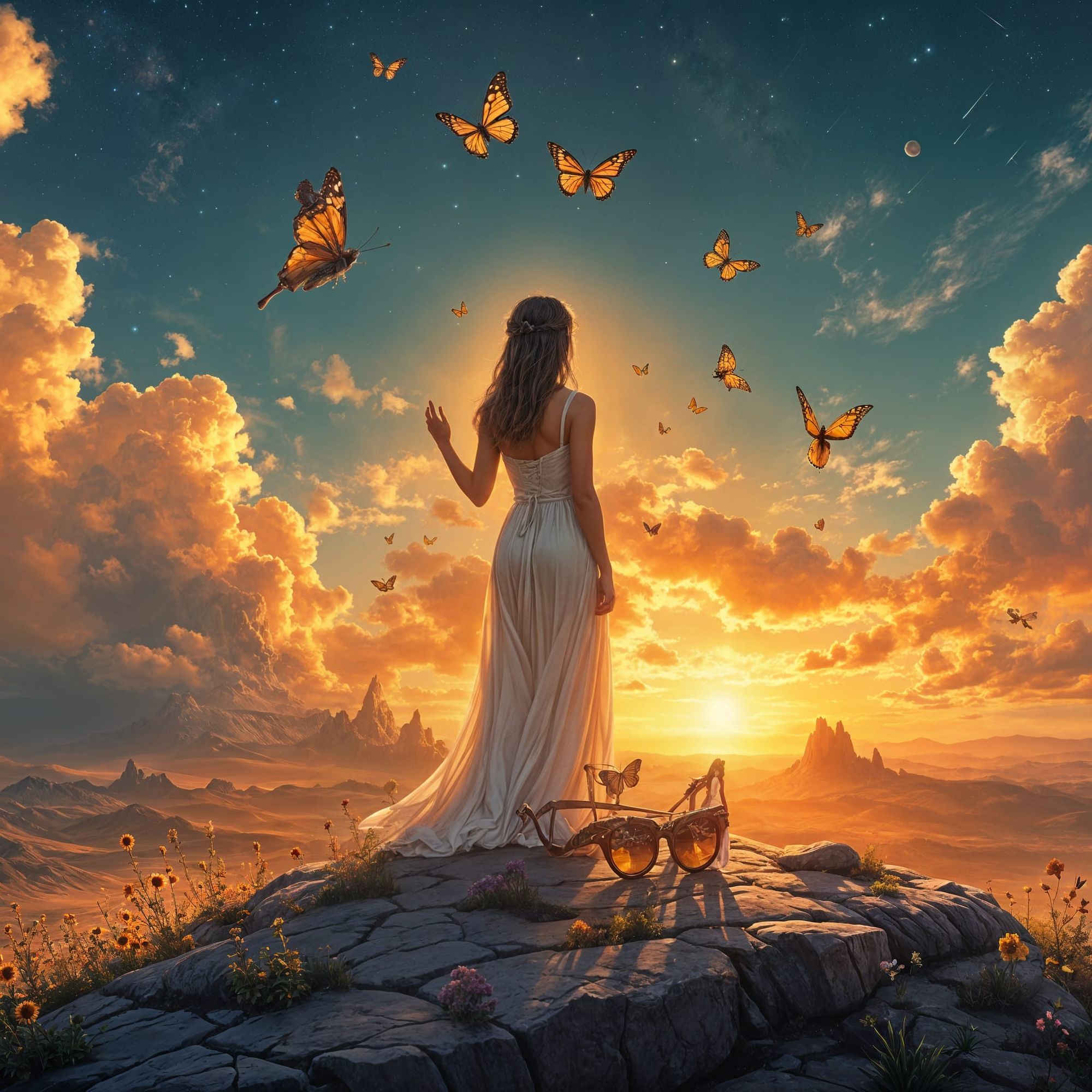 A girl wearing big long white dress standing on a single mountain while sun is setting and all planets in the sky and butterflies flying aro...