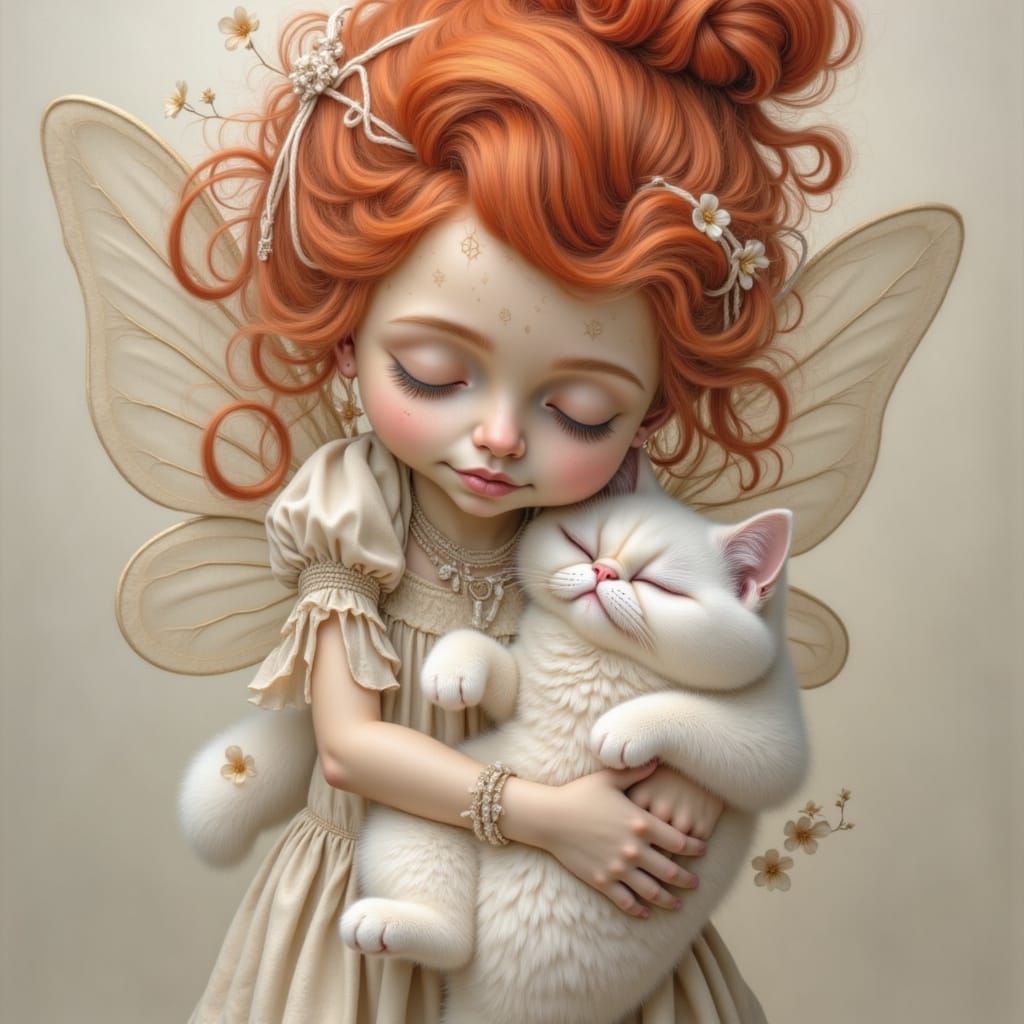 Caucasian fairy with vibrant red hair in a French twist, adorned with white strings, eyes closed, cradling a long-haired white cat, set agai...
