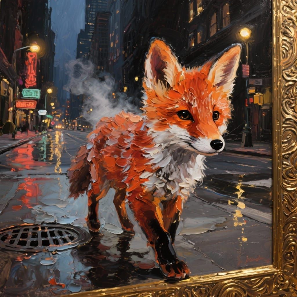 Fox Cub in City, Impasto Oil Painting