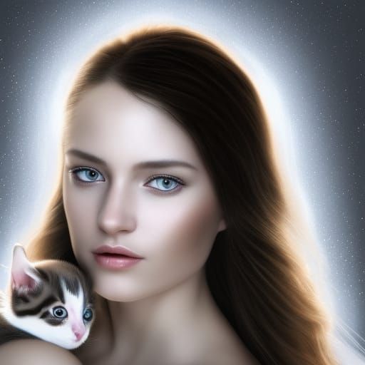 incredibly beautiful woman holding a kitten, movement, white...
