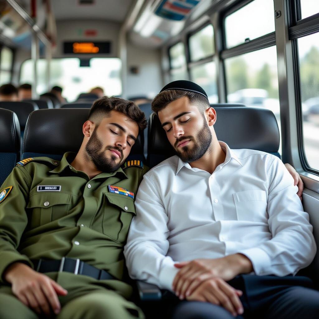 IDF Soldier and Civilian Asleep on Bus, 2025