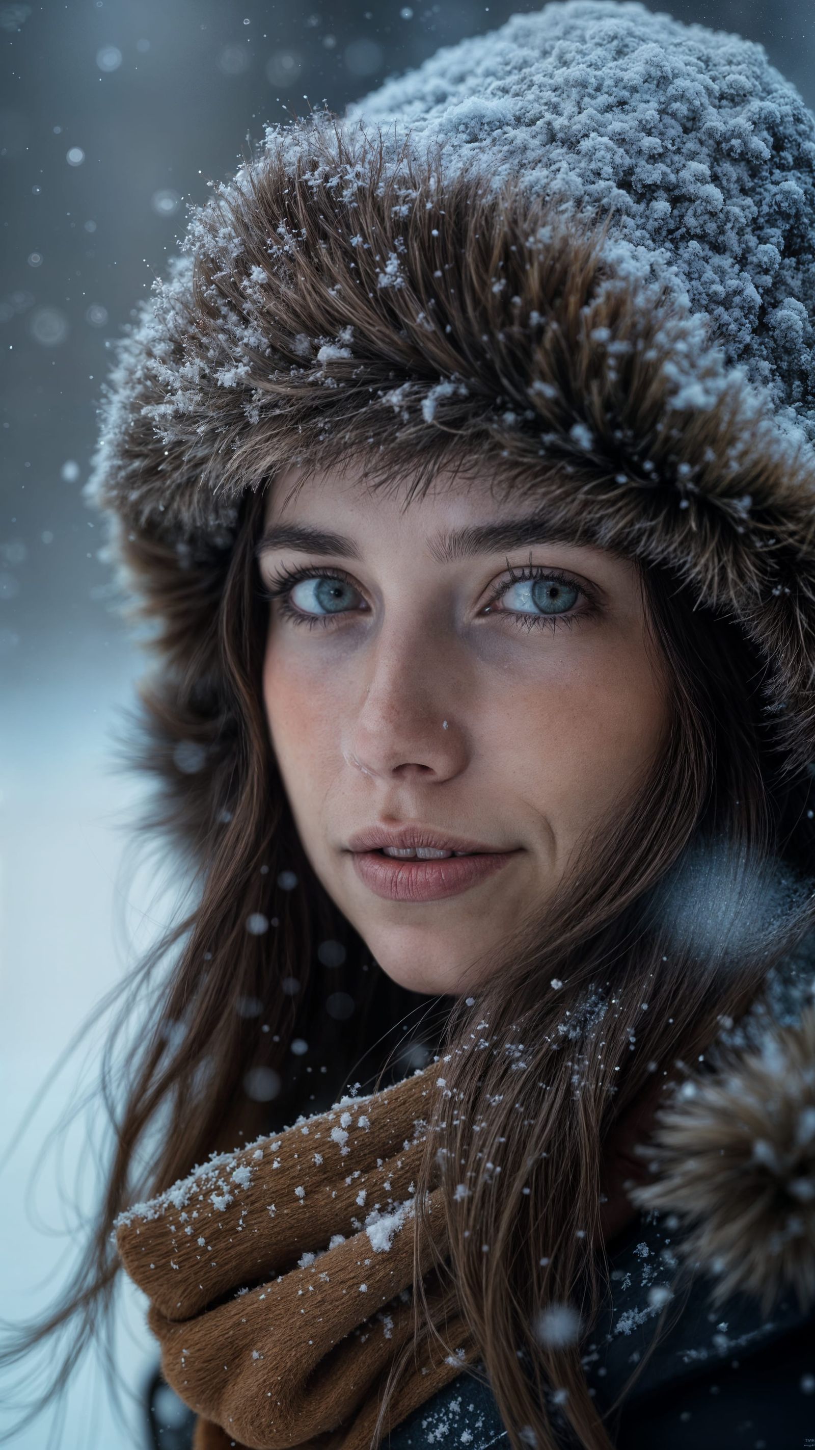 Woman squints and smiles in winter snow