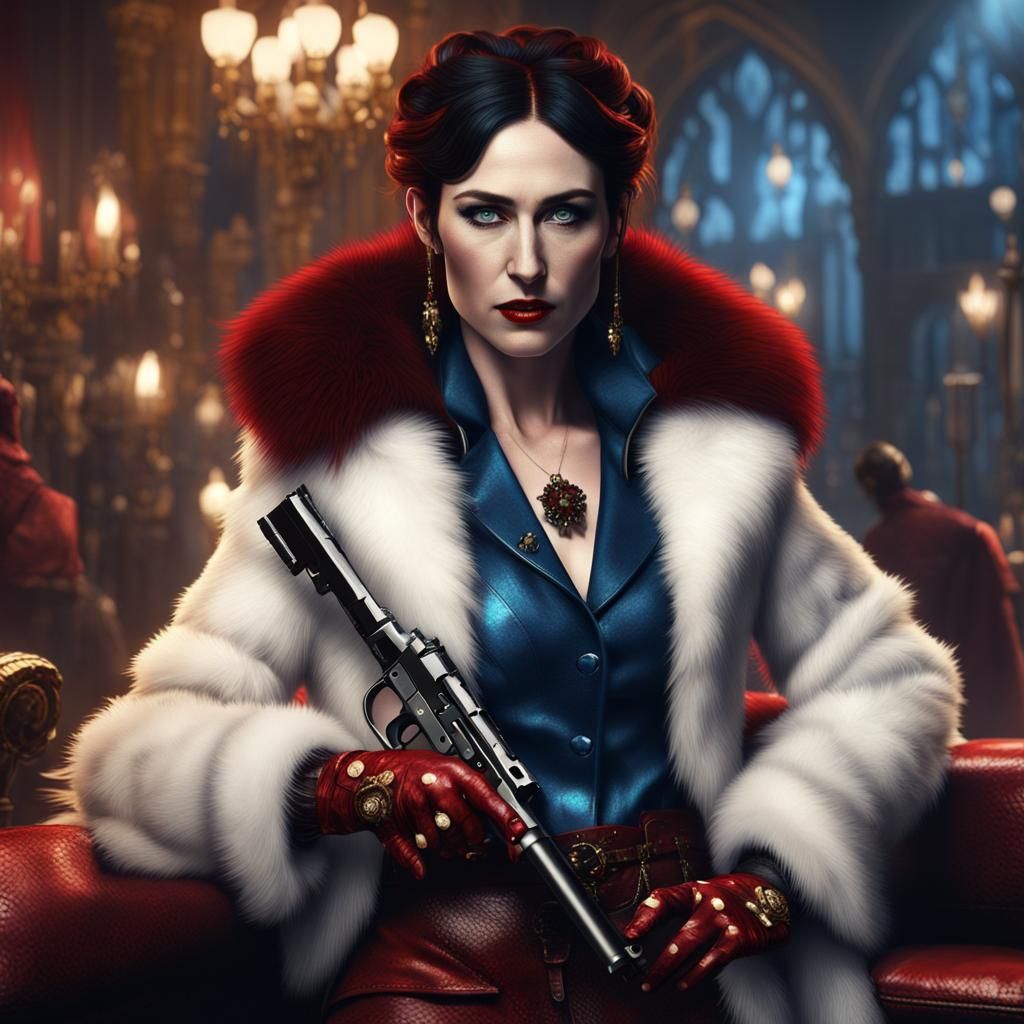 Carice van houten as a mobster. White fur jacket with red sp...
