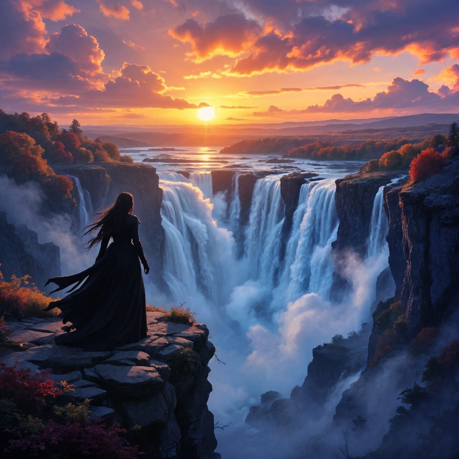 A mystical witch, her silhouette sharp against the setting sun, stands at the edge of a cliff overlooking a powerful autumn waterfall. The w...